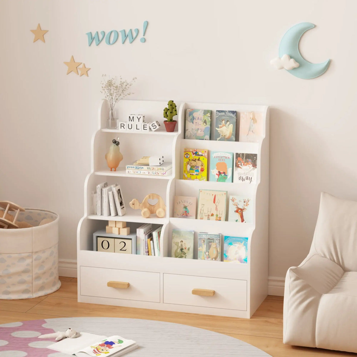 Front Facing Bookshelf | 2 Storage Drawers | Multi Tier Design | White