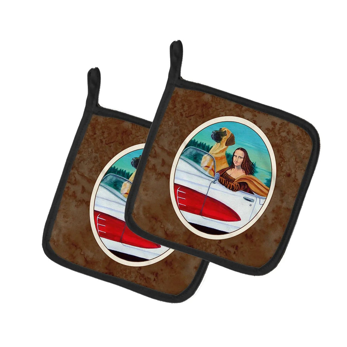 Pot Holder Set of 2 | Heat Resistant Quilted Hot Pads | 7.5 x 7.5 Inch | Great Dane with Mona Lisa