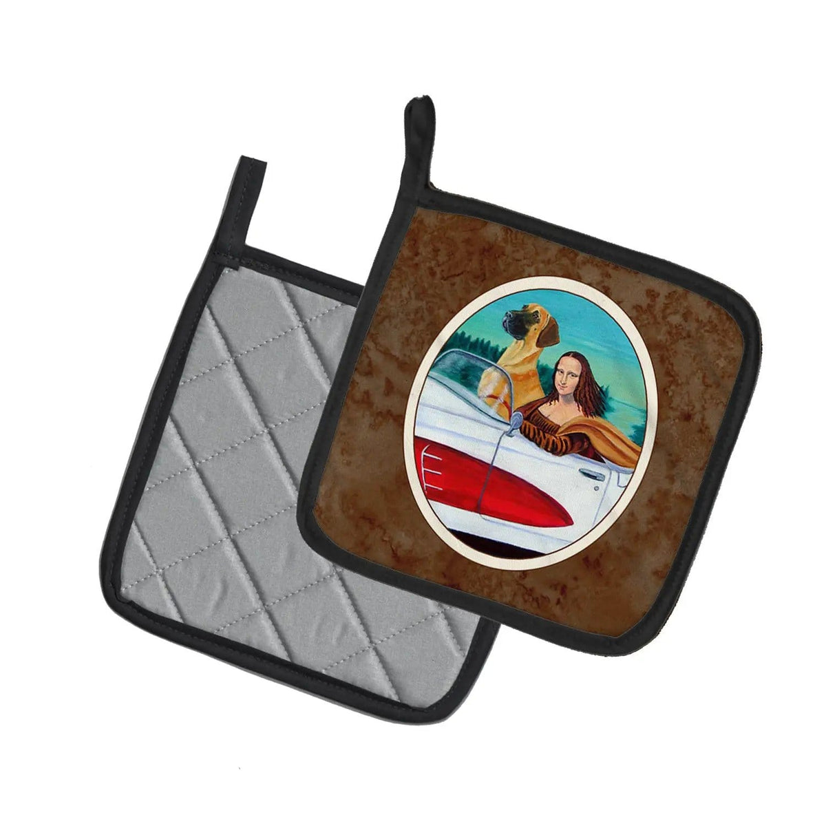 Pot Holder Set of 2 | Heat Resistant Quilted Hot Pads | 7.5 x 7.5 Inch | Great Dane with Mona Lisa