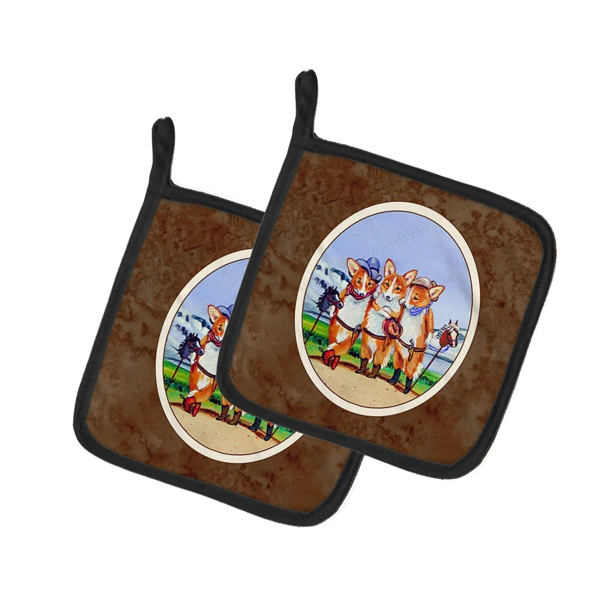 Pot Holder Set of 2 | Heat Resistant Quilted Hot Pads | 7.5 x 7.5 Inch | Cowboy Corgi