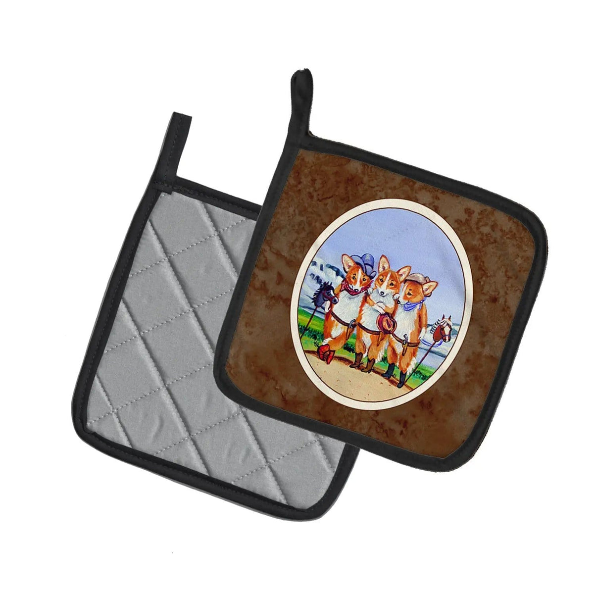 Pot Holder Set of 2 | Heat Resistant Quilted Hot Pads | 7.5 x 7.5 Inch | Cowboy Corgi