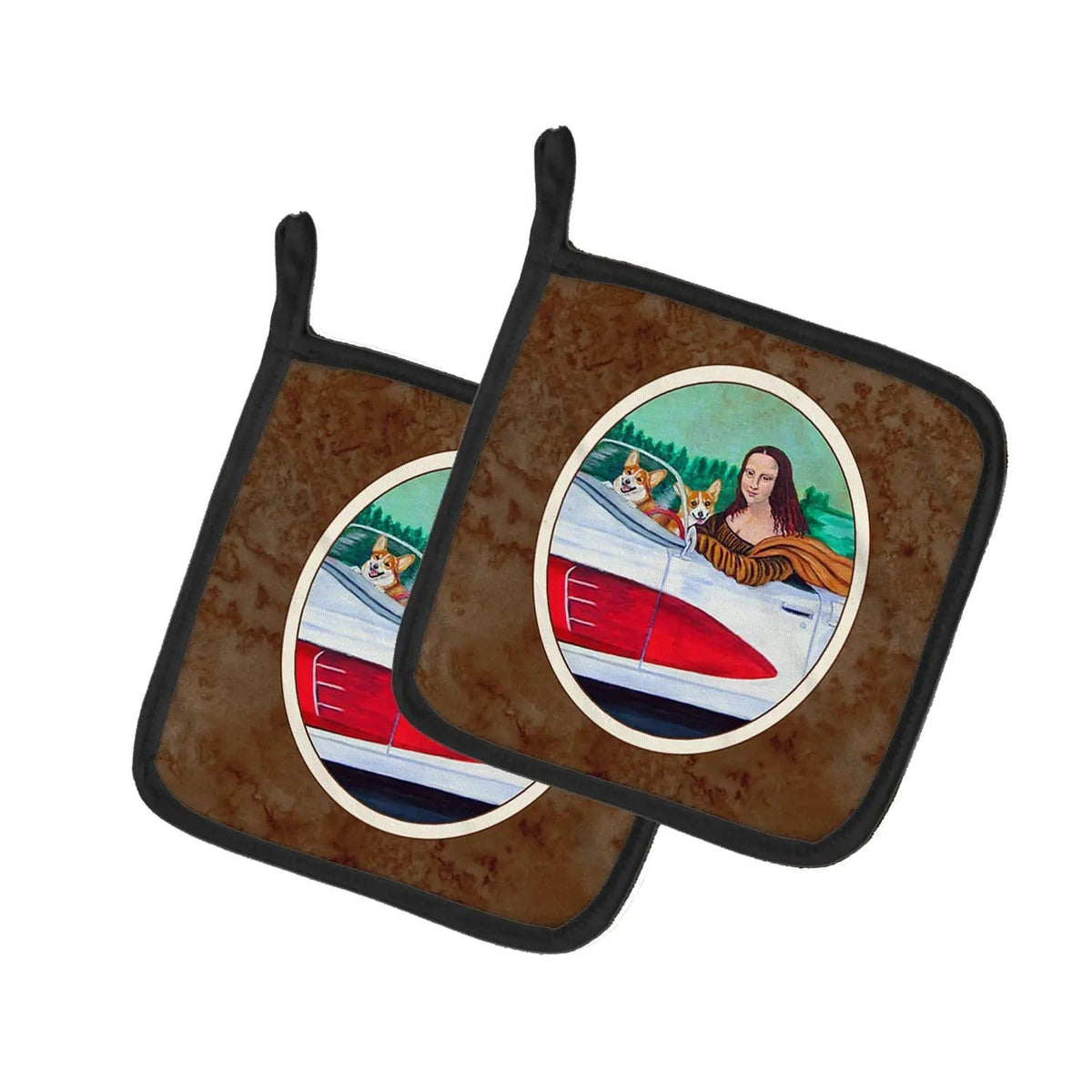 Pot Holder Set of 2 | Heat Resistant Quilted Hot Pads | 7.5 x 7.5 Inch | Mona Lisa with Corgi