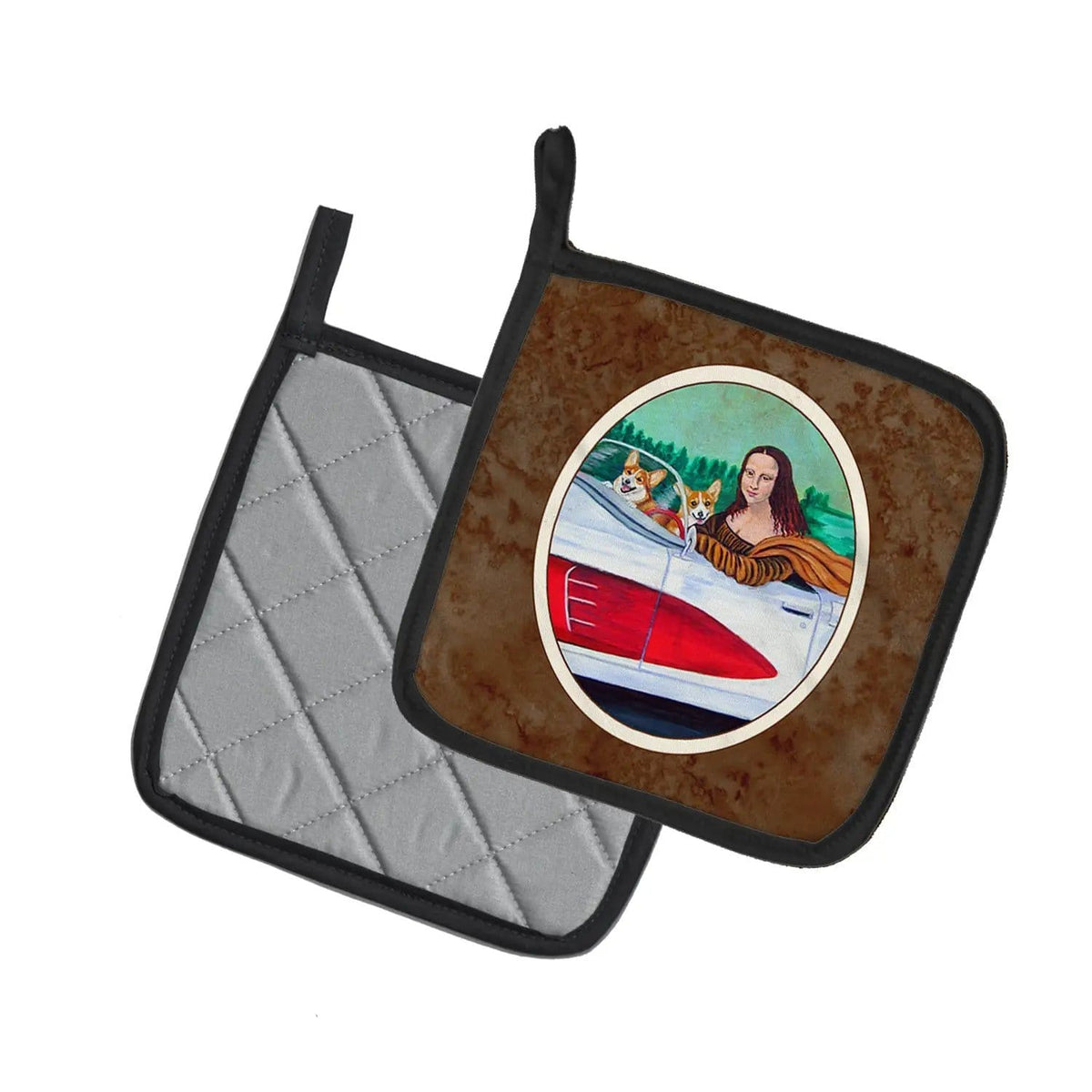 Pot Holder Set of 2 | Heat Resistant Quilted Hot Pads | 7.5 x 7.5 Inch | Mona Lisa with Corgi