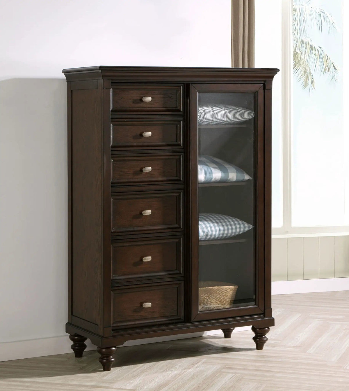 Andover 6-drawer Tempered Glass Door Chest Dark | 45.75 x 20 x 66.25 in | Oak Veneer & Tempered Glass | Oak