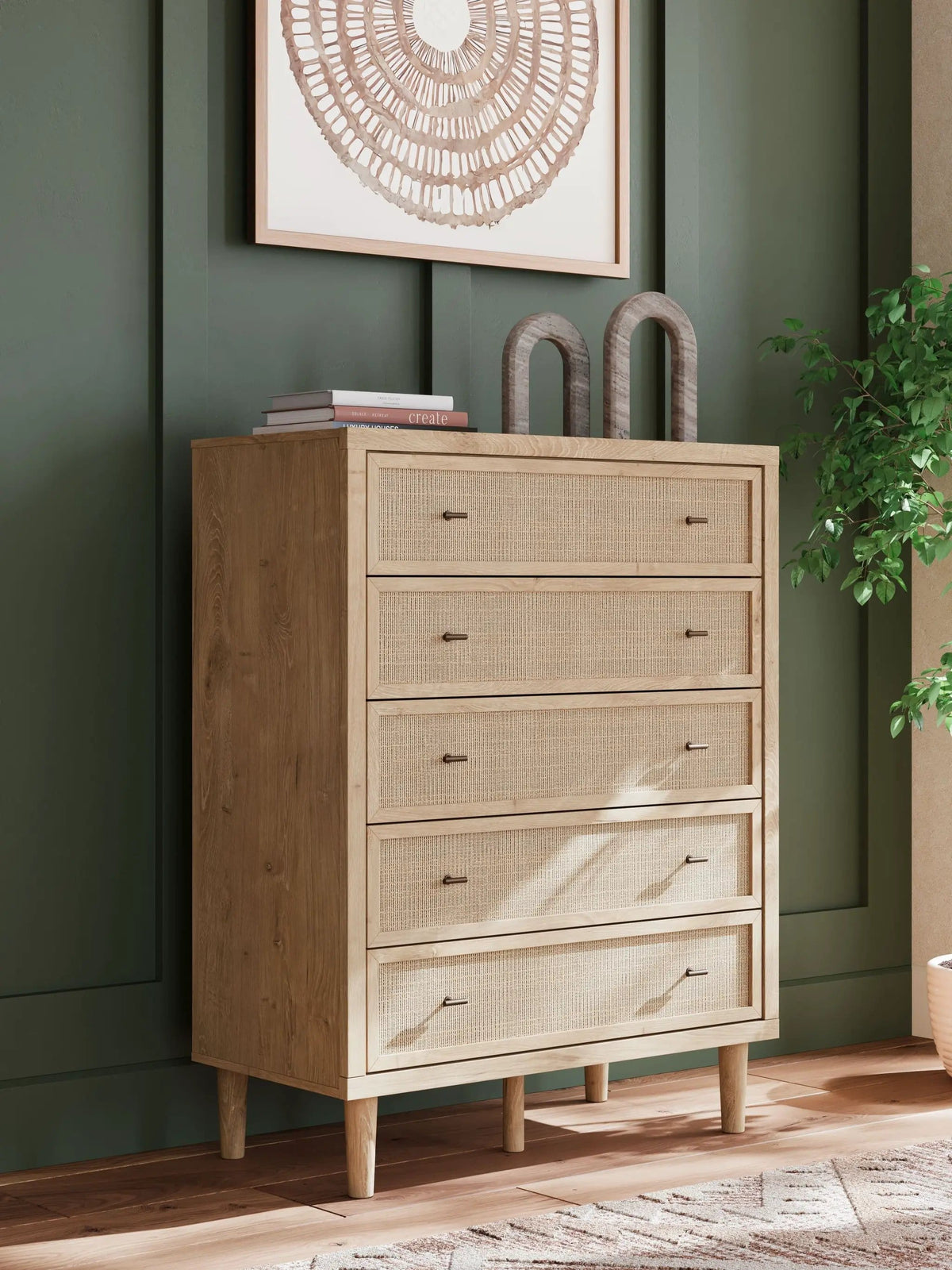 Cielden Five Drawer Wide Chest | 40.71 x 19.69 x 52.48 in | Engineered Wood & Linen | Two-Tone