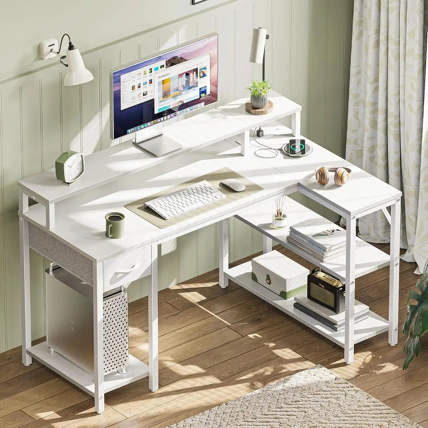 47 Inch White L Shaped Desk With LED Power Drawer Unit from PriceLows™