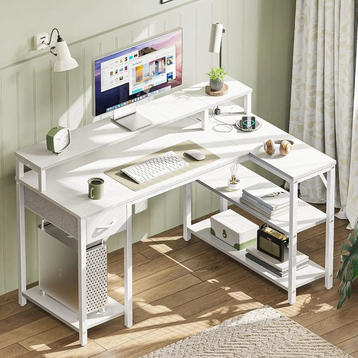 47 Inch White L Shaped Desk With LED Power Drawer Unit from PriceLows™