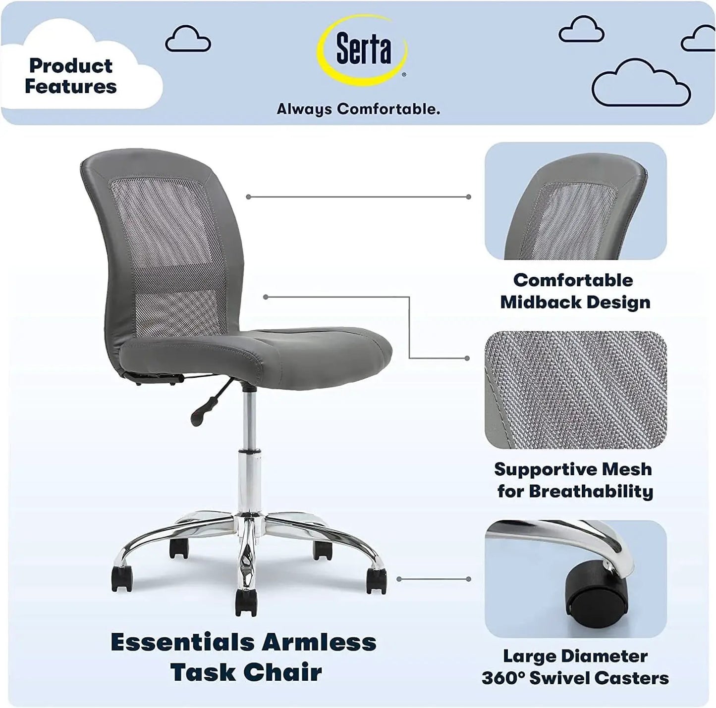 Gray Armless Desk Chair With Wheels And Breathable Mesh from PriceLows™