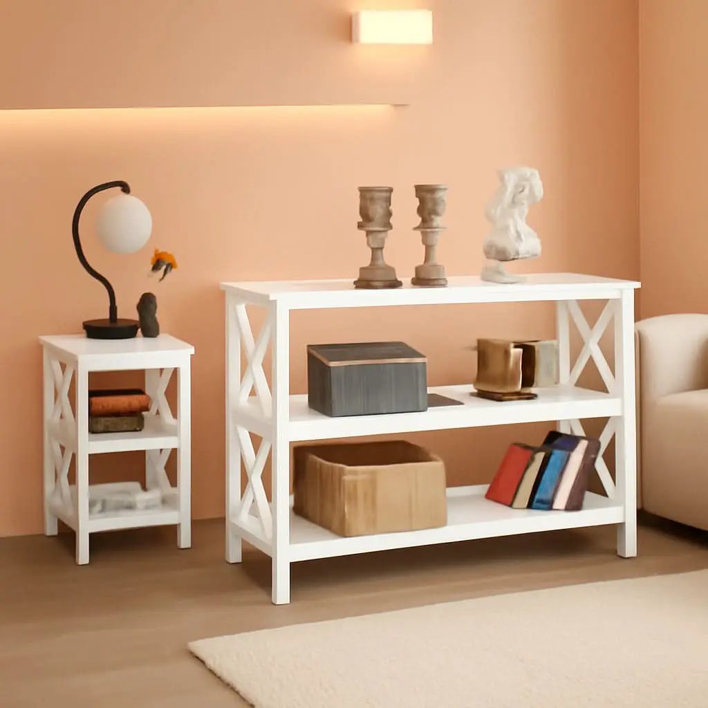 White Three Tier Console Table With Storage Shelves from PriceLows™