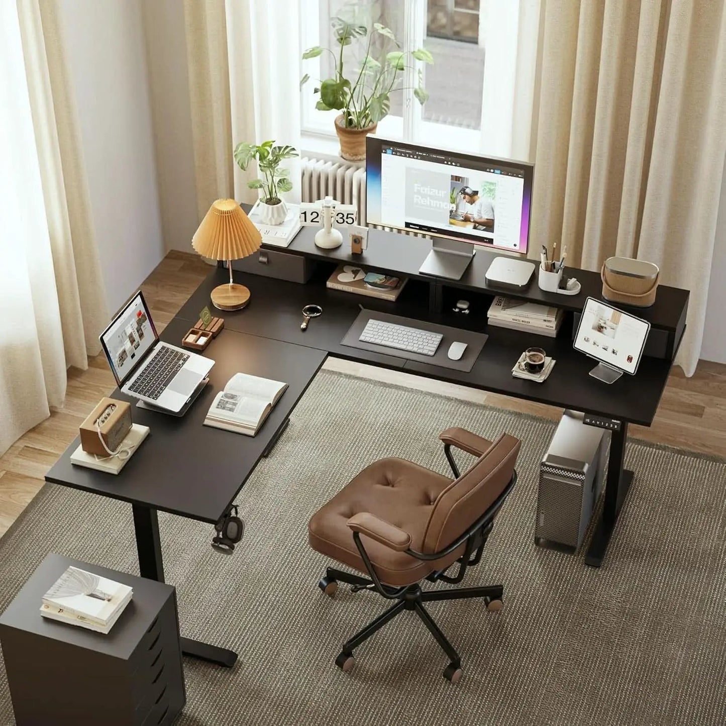 L Shaped Electric Standing Desk 63 Inch 2 Drawers Black from PriceLows™