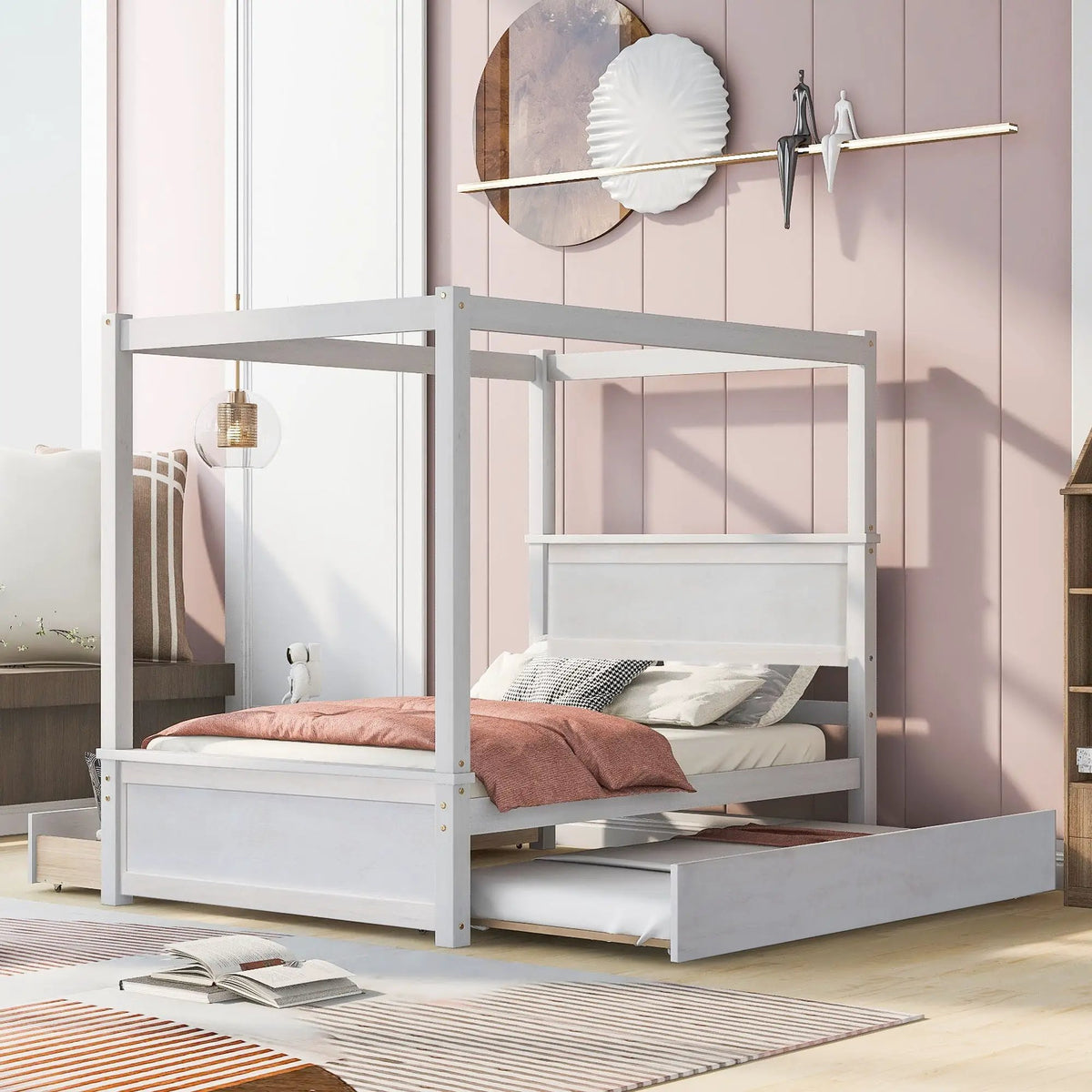 Canopy Platform Bed | Wooden Frame | Built-In Drawers | Brushed-Effect Finish