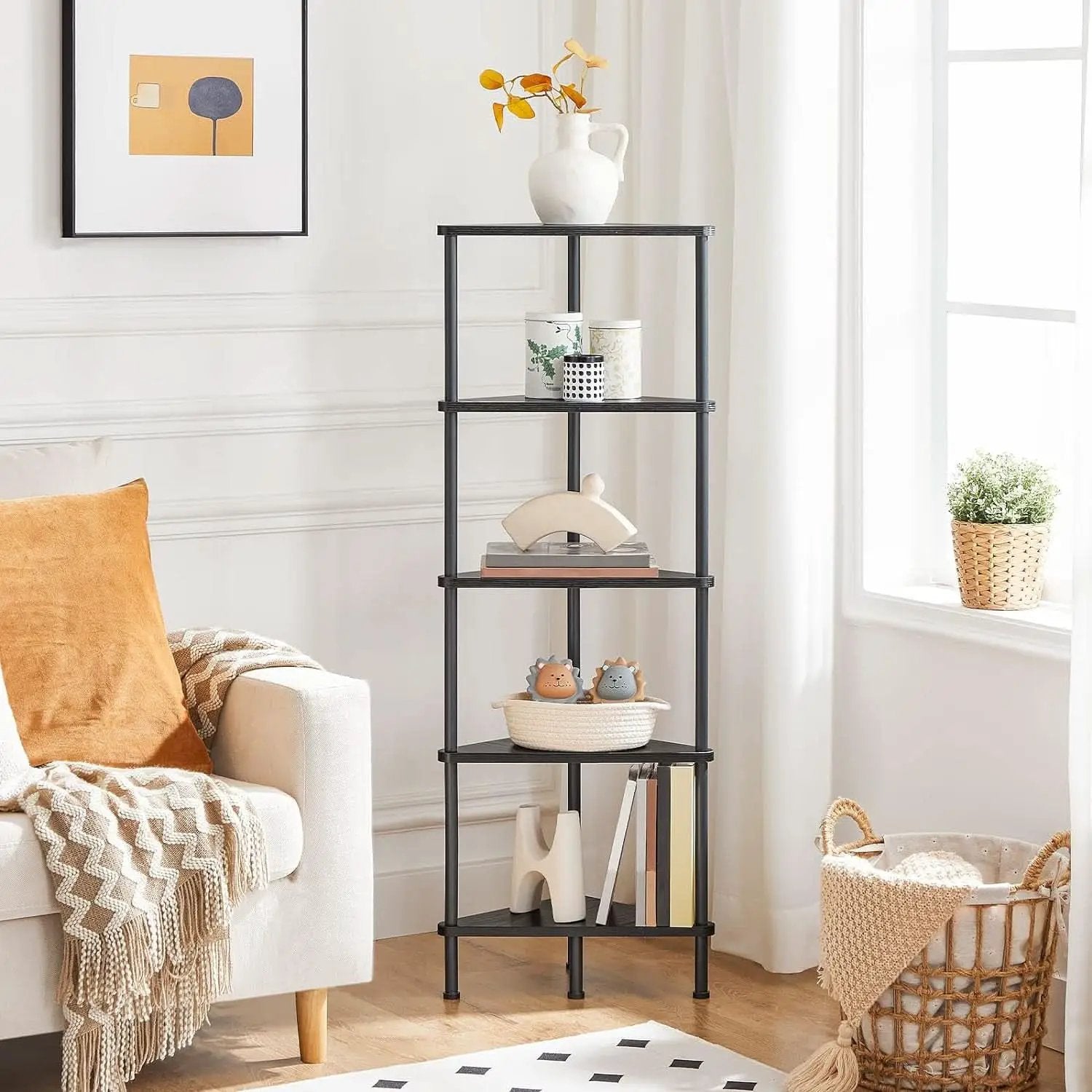 Industrial 5 Tier Corner Shelf Stand Black Metal Frame from PriceLows™