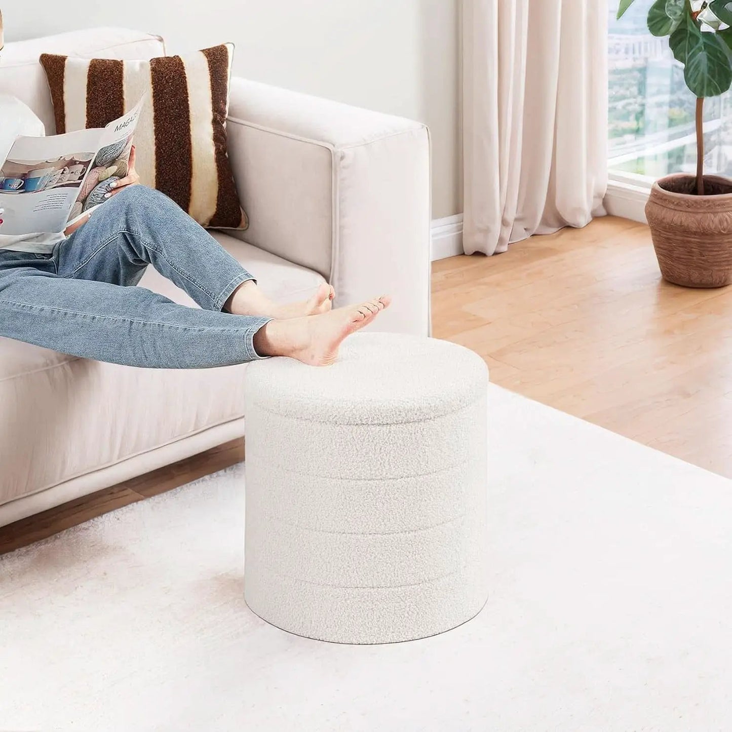Round Storage Ottoman With Tray White VelvetFabric from PriceLows™