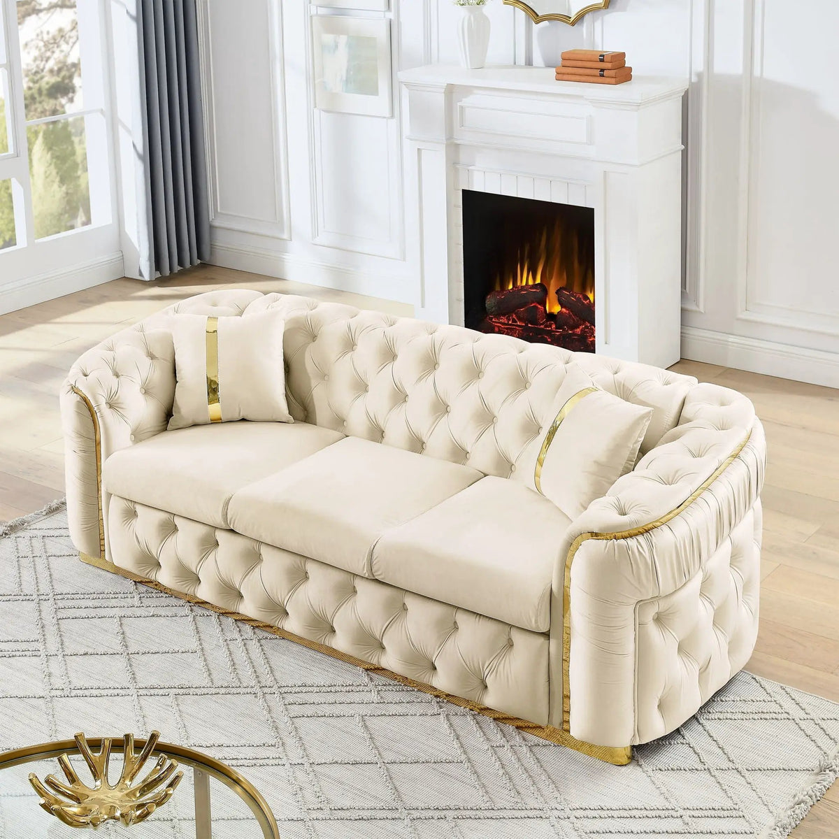 Button Tufted Chesterfield Sofa | 3 Seater | 2 Decorative Pillows | 90.6 Inch Length
