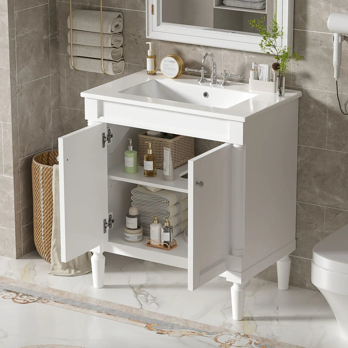 30 Inch Bathroom Vanity With Sink | Soft Close Doors | Carved French Detailing | Adjustable Shelf