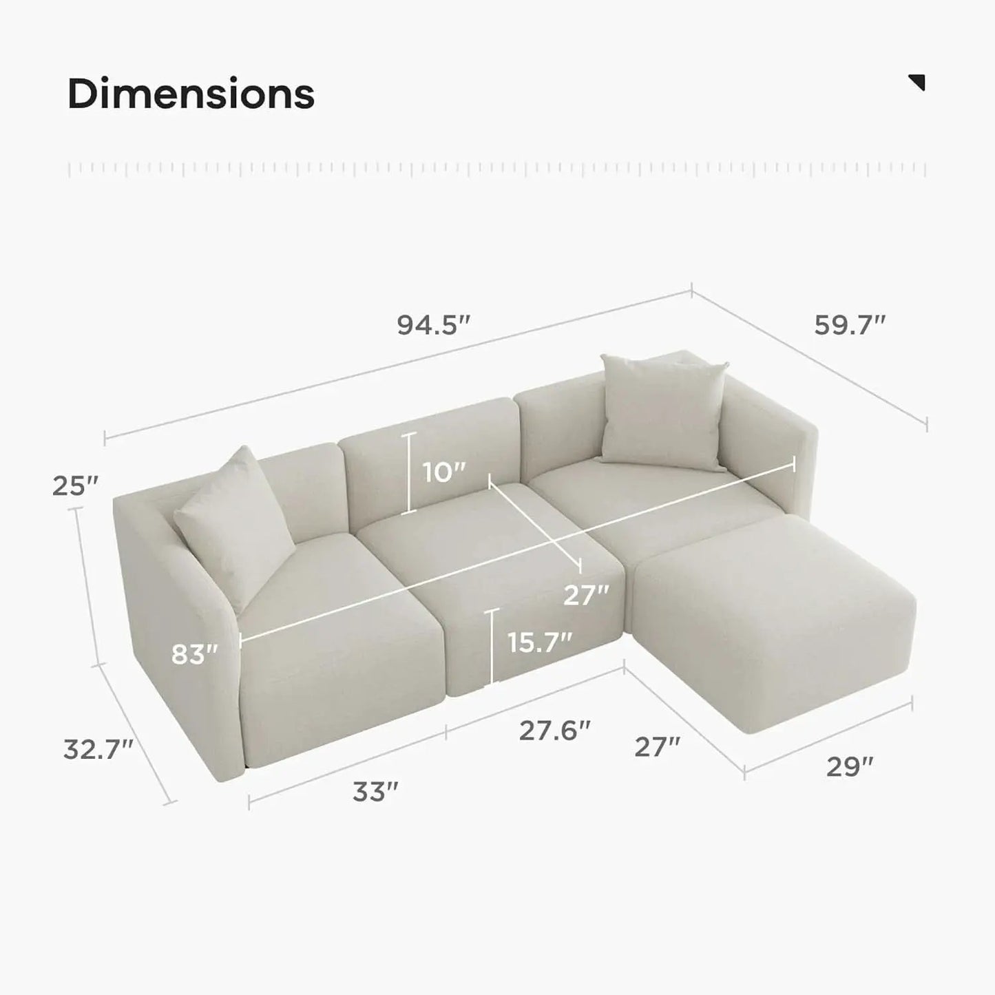 L Shaped Convertible Modular Sectional Sofa Cream Chaise from PriceLows™