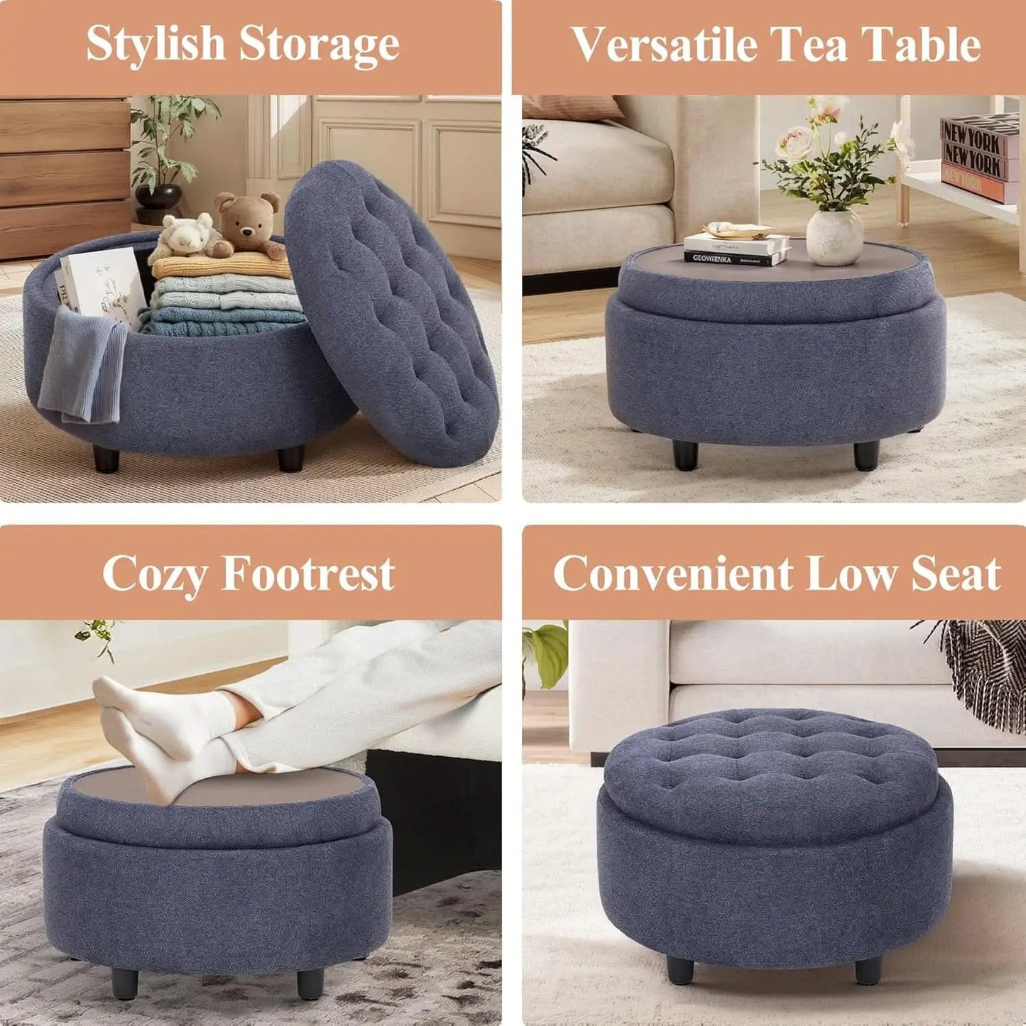 Blue Upholstered Circular Storage Ottoman With Tray from PriceLows™
