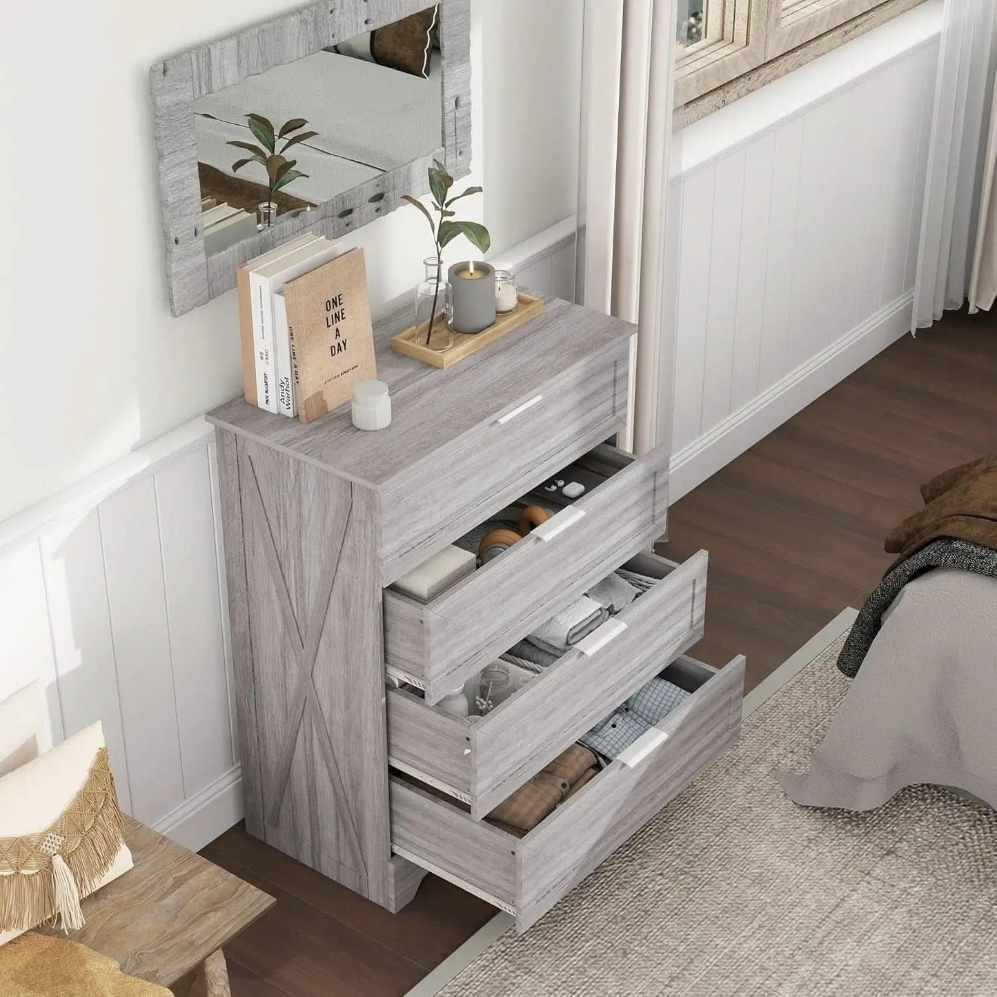 Washed Grey Farmhouse 4 Drawer Distinctive Dresser from PriceLows™