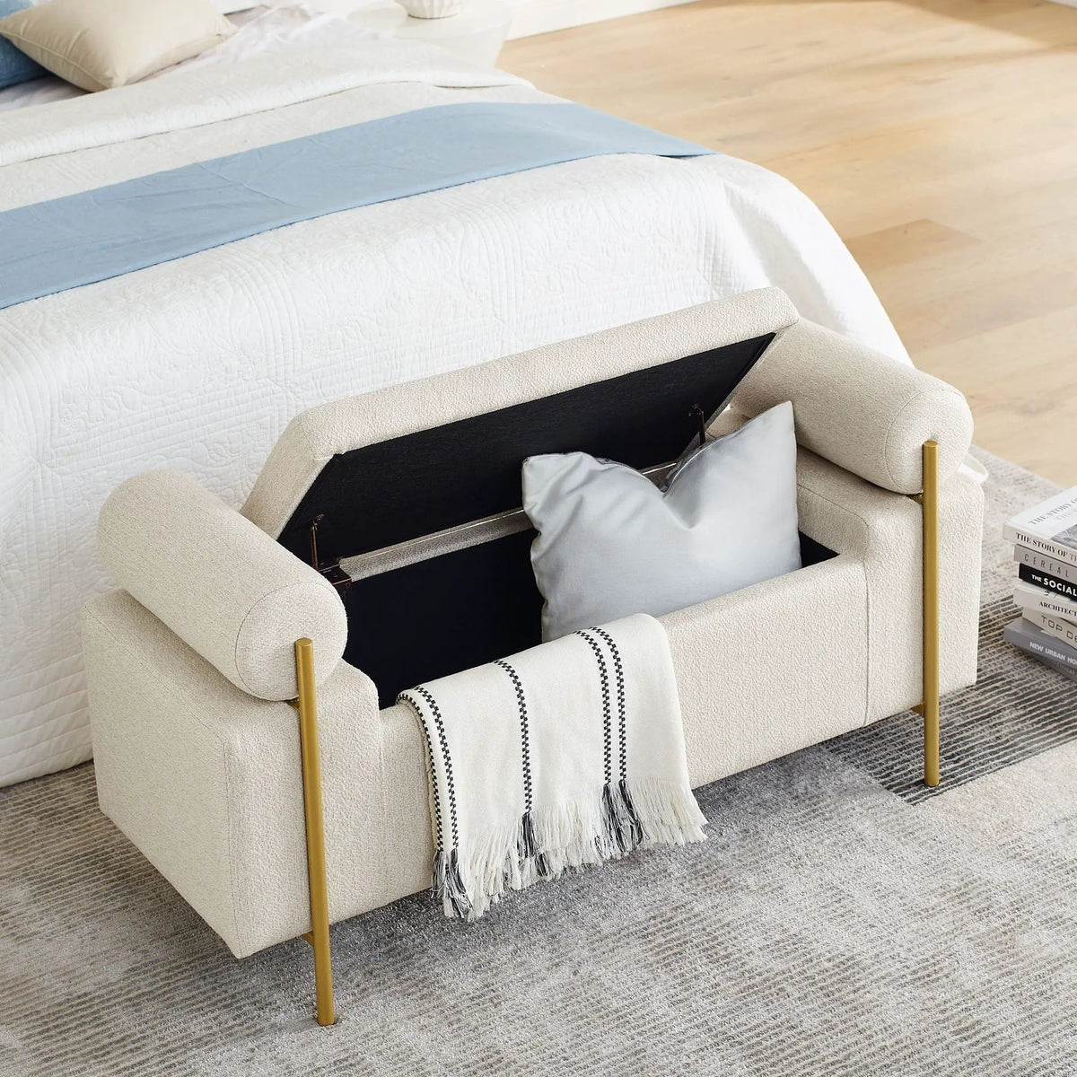 Upholstered Storage Bench | Cylindrical Arms | Iron Legs