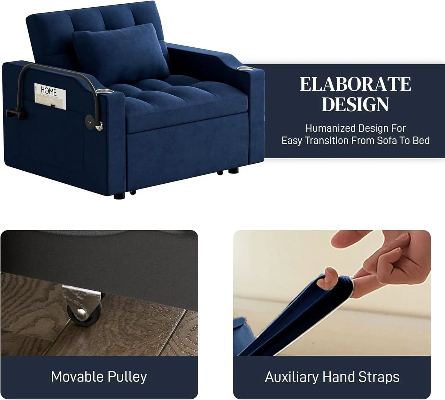 Blue Velvet SpaceSaving Convertible Sofa Chair USB from PriceLows™