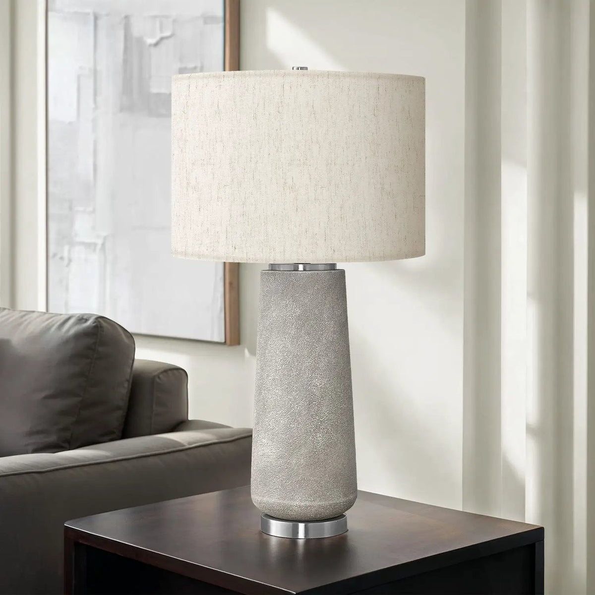 Gray Resin Table Lamp | Silver Metal Accents | 29 Inch Height | Polished Silver Finial