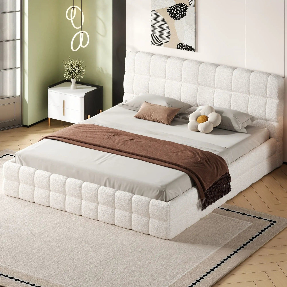 Upholstered Platform Bed With Headboard | 3 Pieces | Pine Wood & Metal | Bedroom