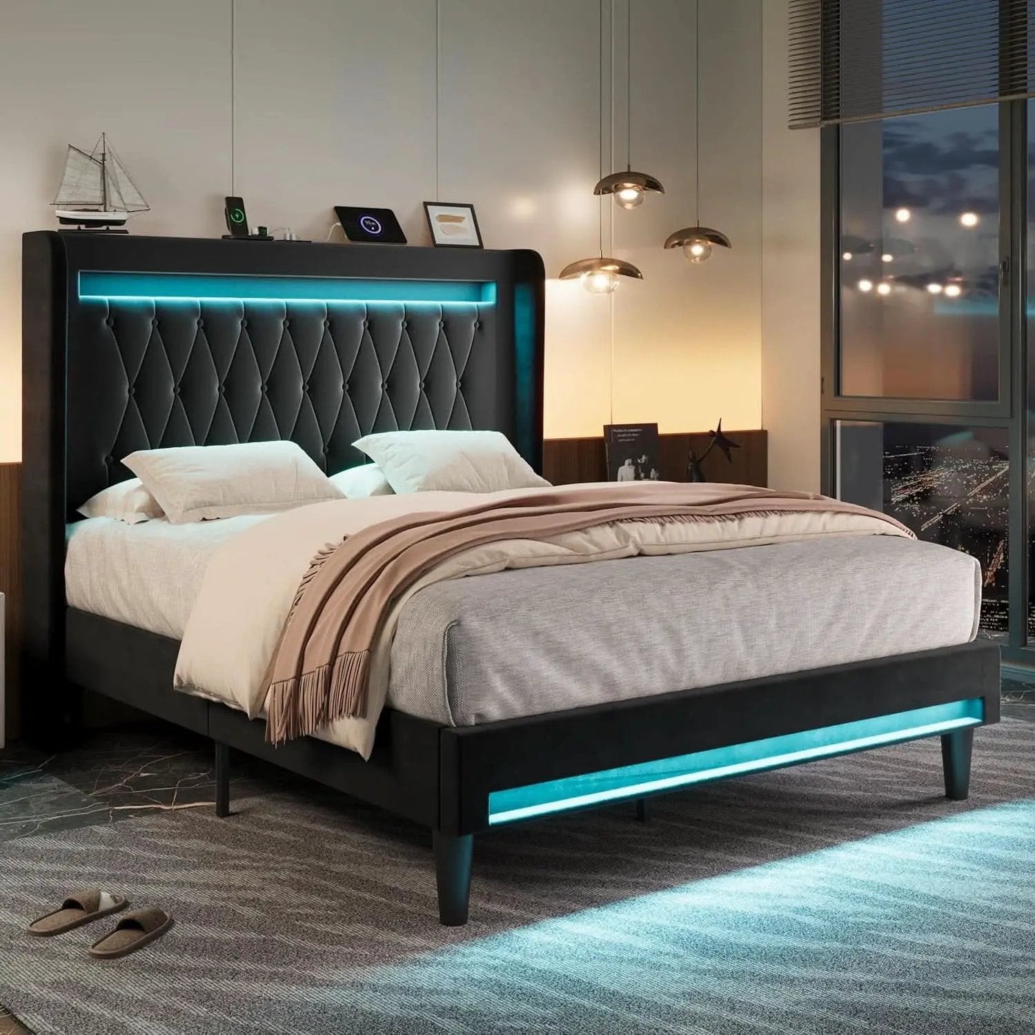 Full Size Bed Frame LED Lighting And USB Charging Black from PriceLows™