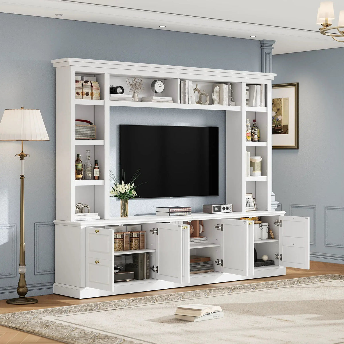 TV Stand With Bookcase | 3 Adjustable Shelves | Fits 70 Inch