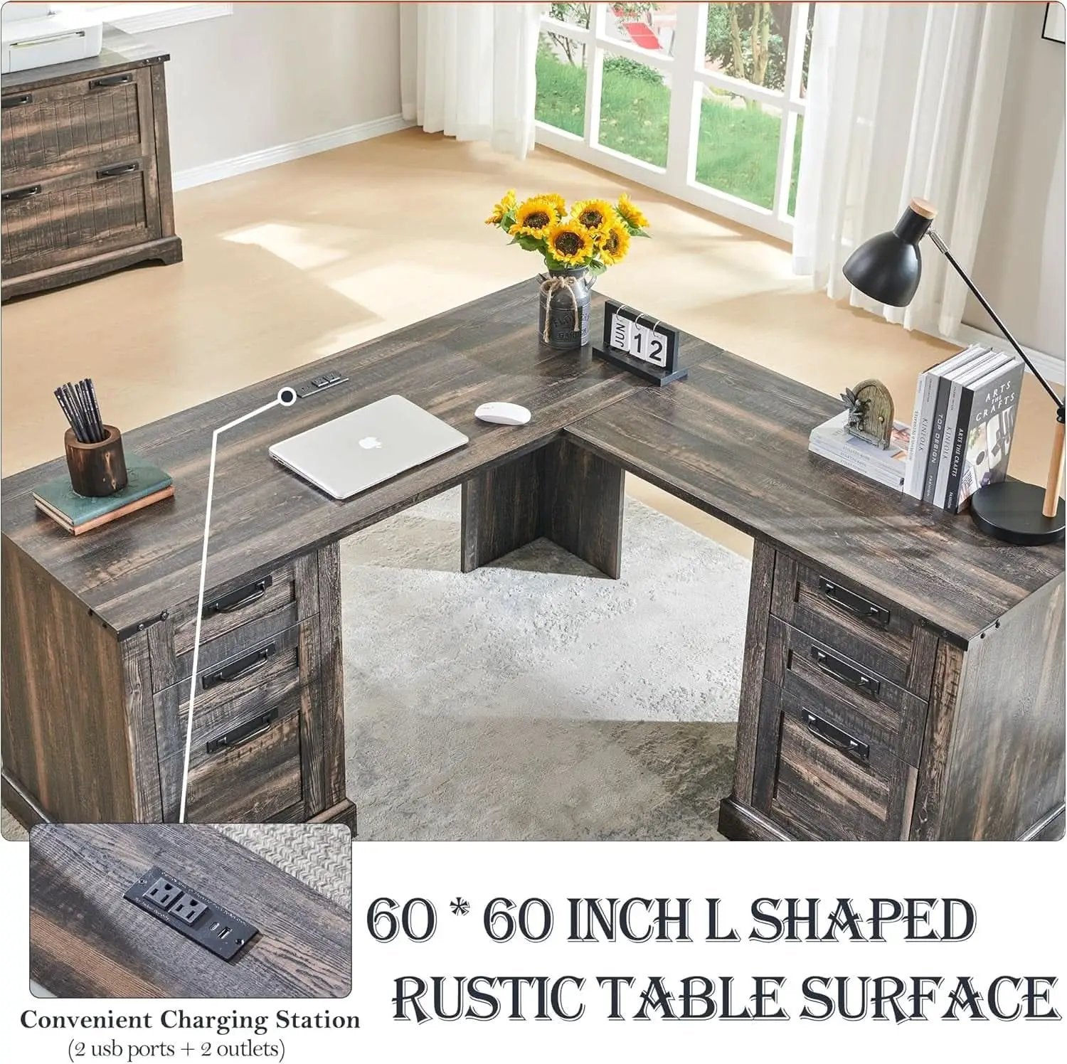 60In Farmhouse L Shaped Desk With Drawers Charging Oak from PriceLows™