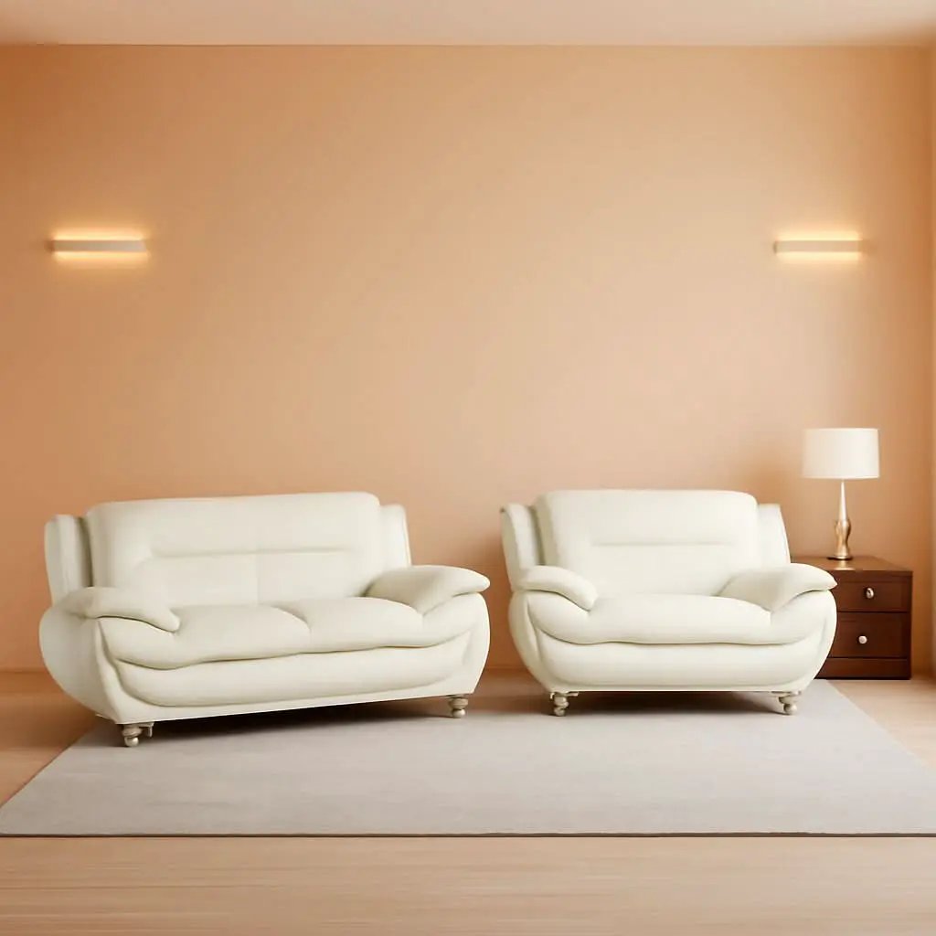Cream White 2 Piece Faux Leather Sofa Set Living Room from PriceLows™