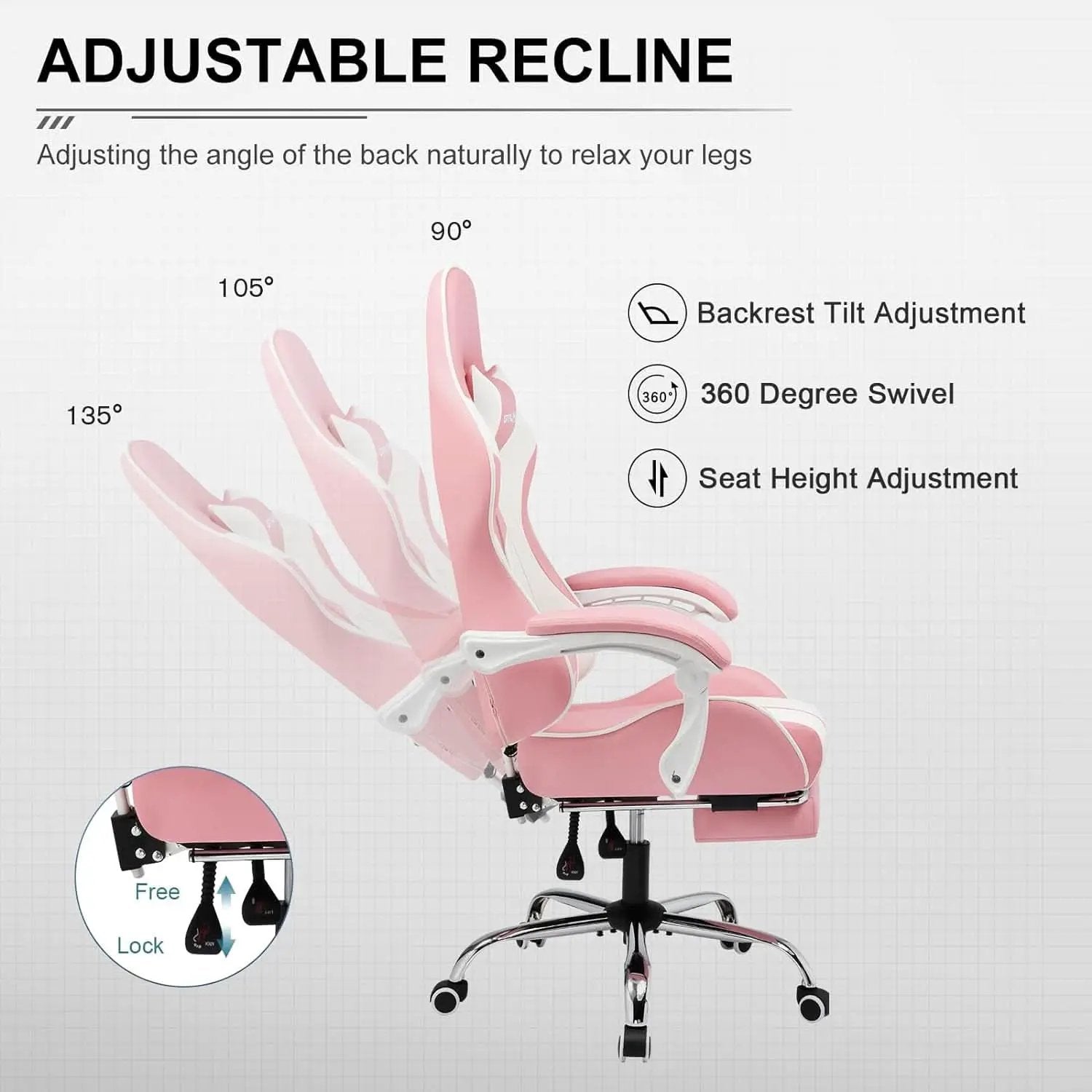 Pink Gaming Chair With Footrest And Lumbar Support Height Adjustable from PriceLows™