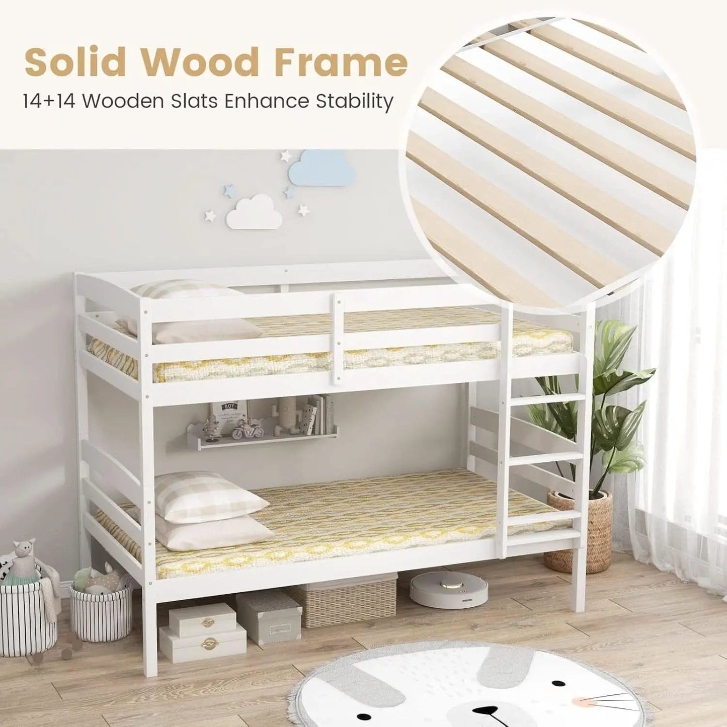 White Twin Over Twin Bunk Bed With Integrated Ladder from PriceLows™