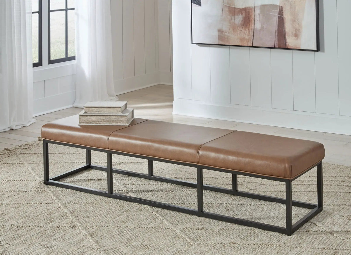 Joston Accent Bench | Caramel Leather Upholstery | 71.25 Inch Width | Natural Hide Variations