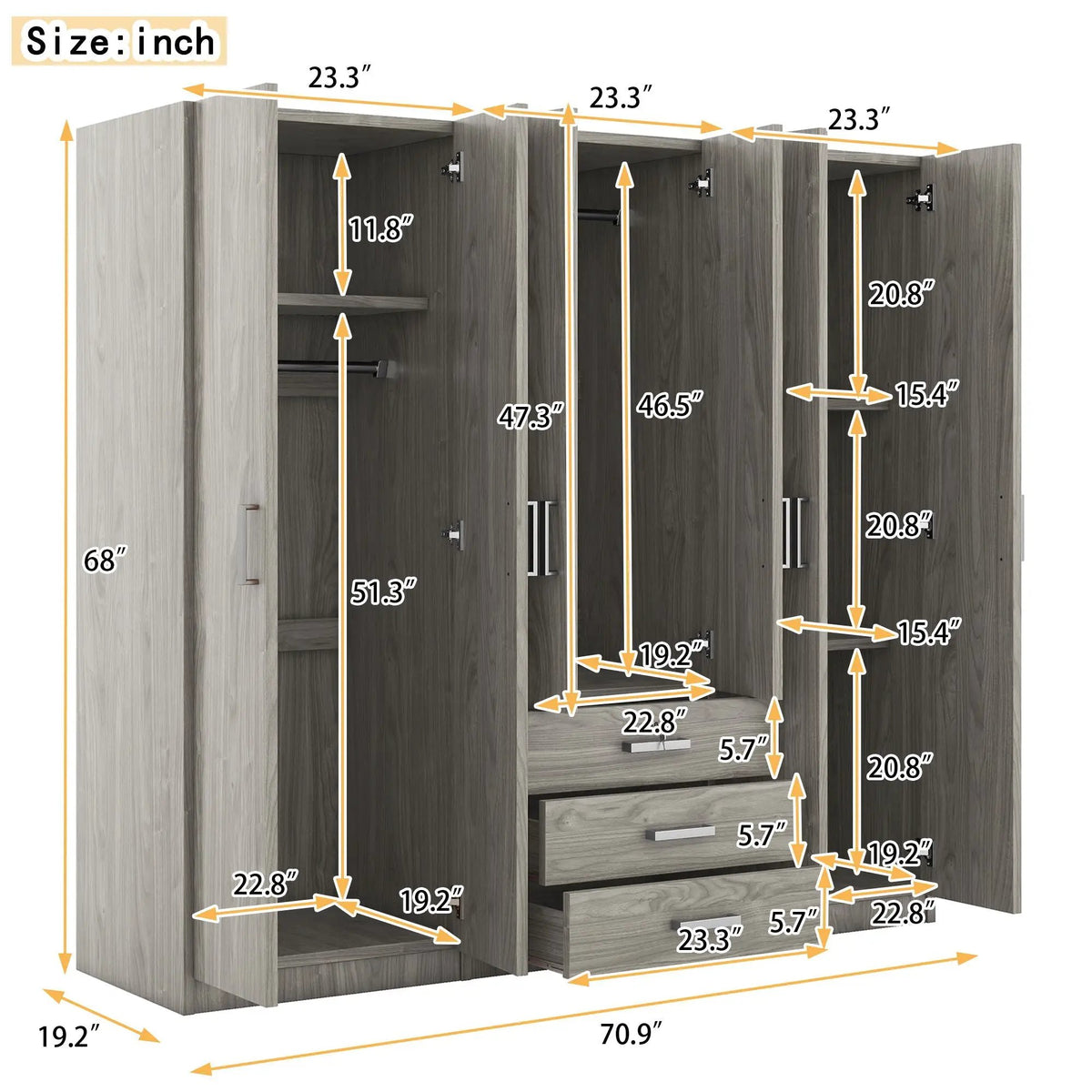 6 Door Wardrobe | Bedroom Storage | Big Drawers | 70.9 Inch Width