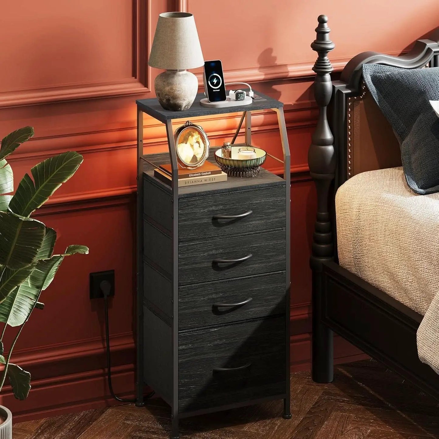 Black Nightstand With Integrated Charging Station RGB LED from PriceLows™