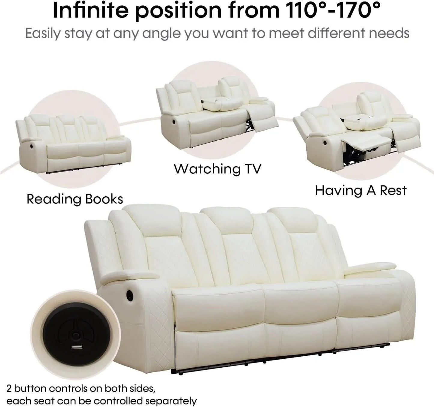 Power Recliner Sofa Set With LED Lights Creamy Finish from PriceLows™