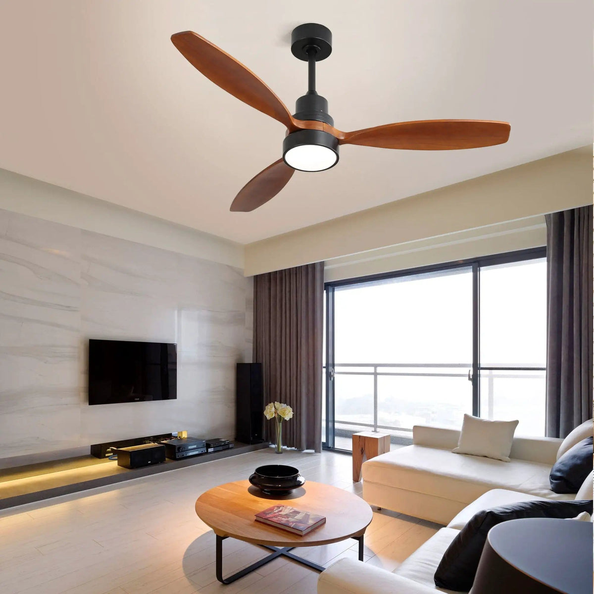 Ceiling Fan With Reversible DC Motor, LED Light, Solid Blades, Remote Control | 52 x 52 x 15 in | Solid Wood & Metal | Home