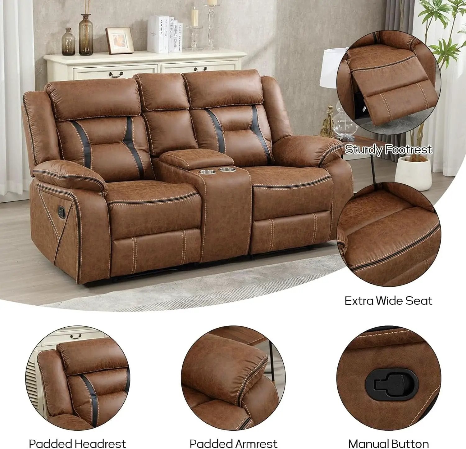 Brown Faux Leather Loveseat Dual Recliners Center Console from PriceLows™