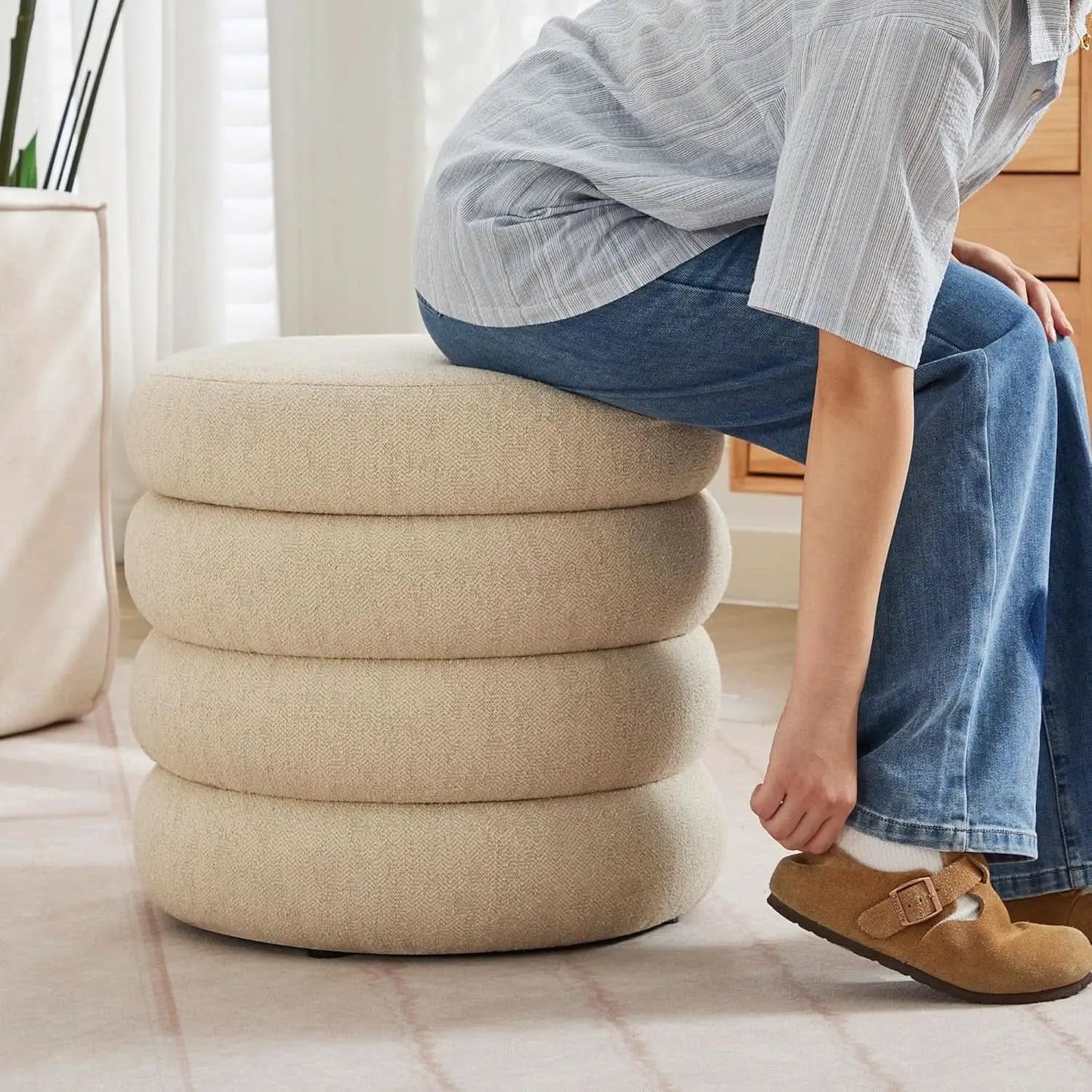 Beige Linen Upholstered Round Storage Ottoman Removable Lid from PriceLows™