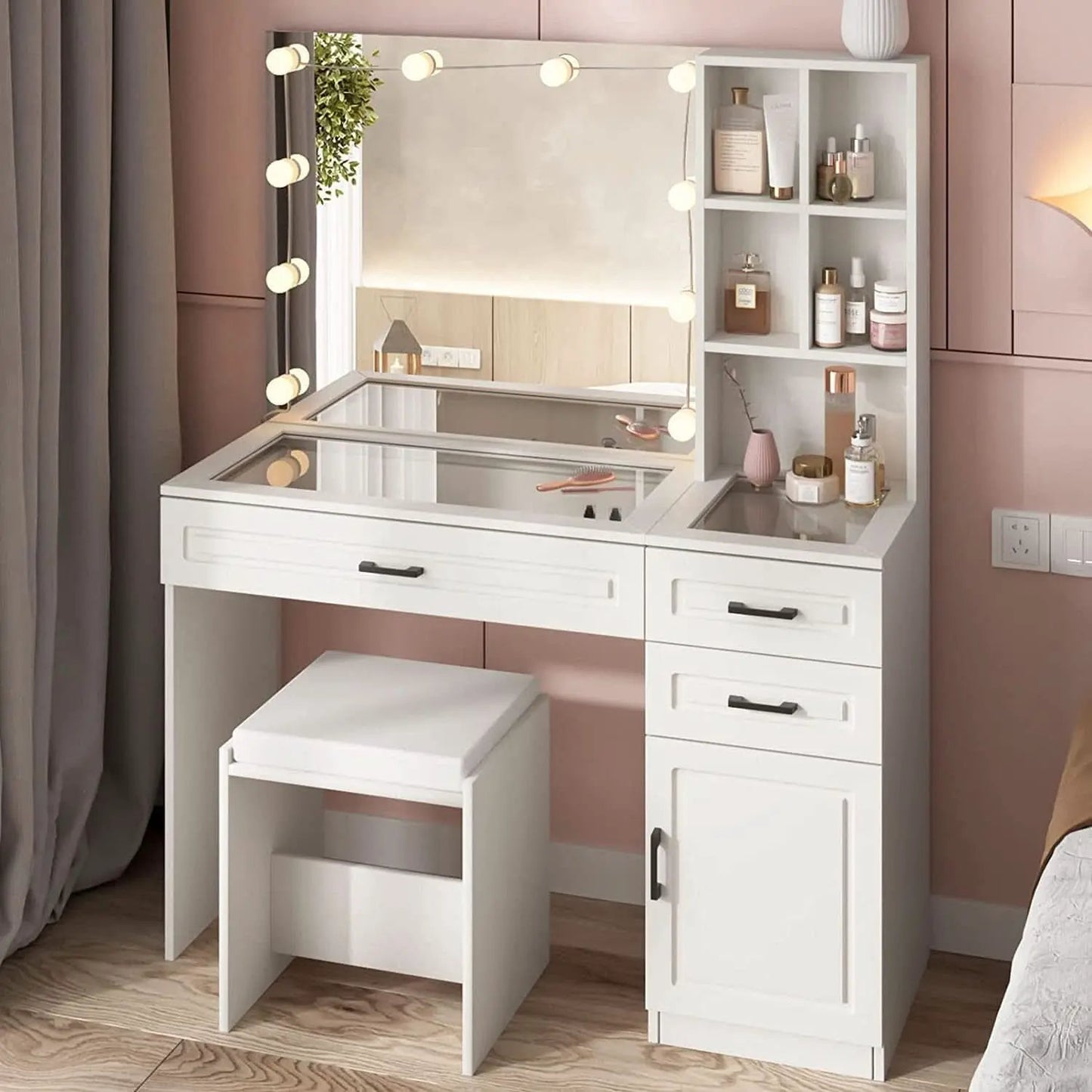 White Vanity Table Set With Glass Top Hollywood Mirror from PriceLows™