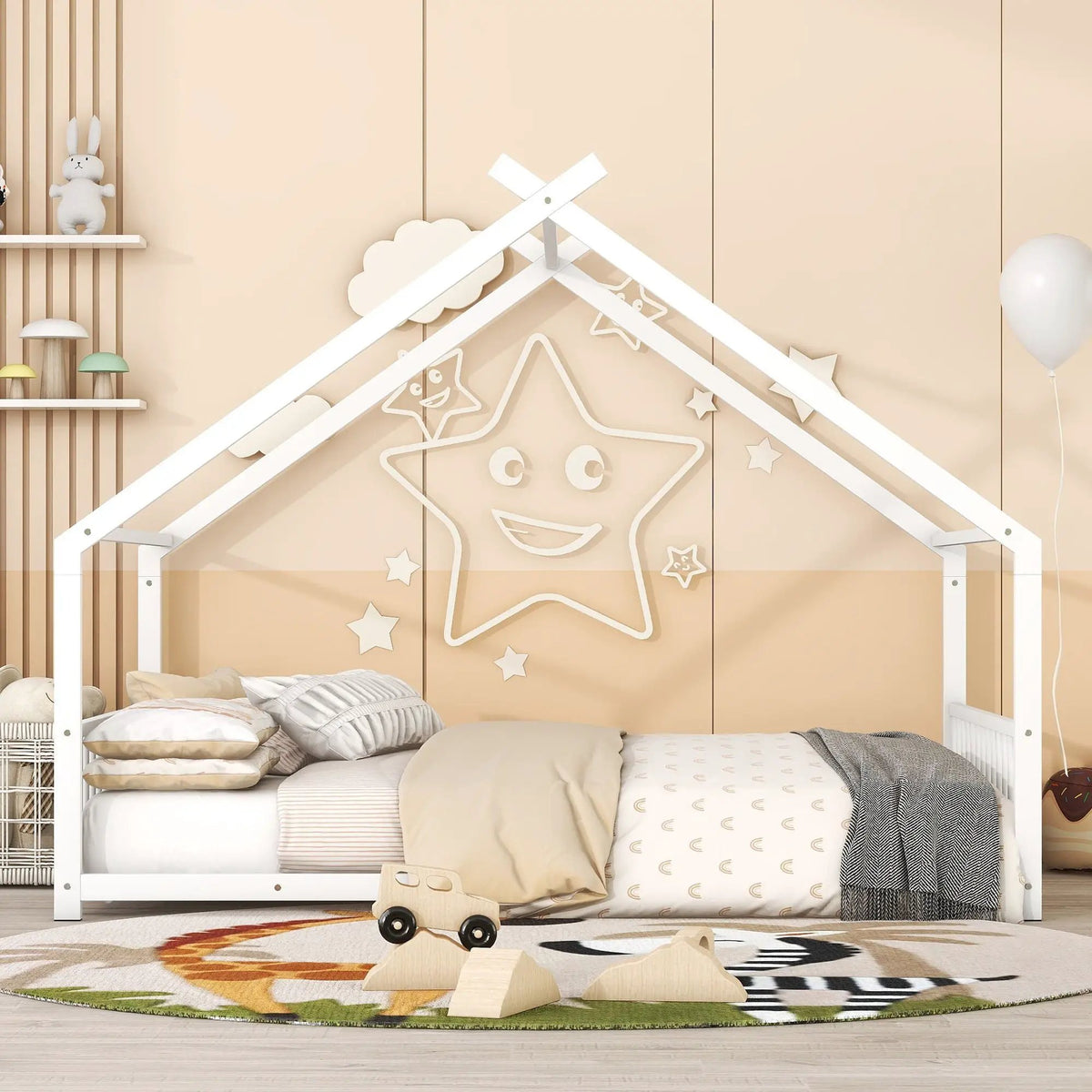 Metal House Bed | Roof Design | Semi-Enclosed Play Space | Contemporary Neutral Finish