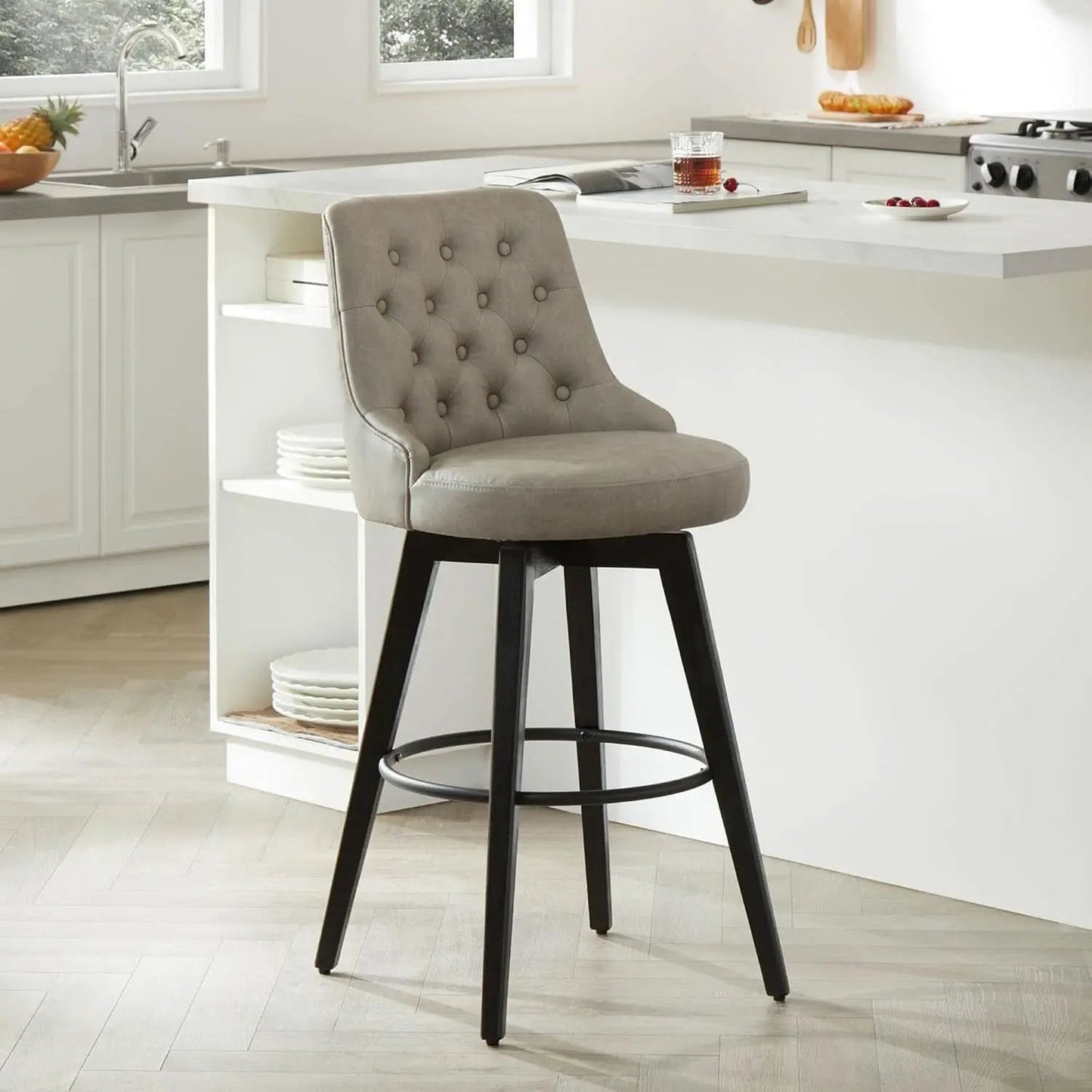 Bar Stool 30 Inch Stone Grey Upholstered 360 Degree Swivel from PriceLows™