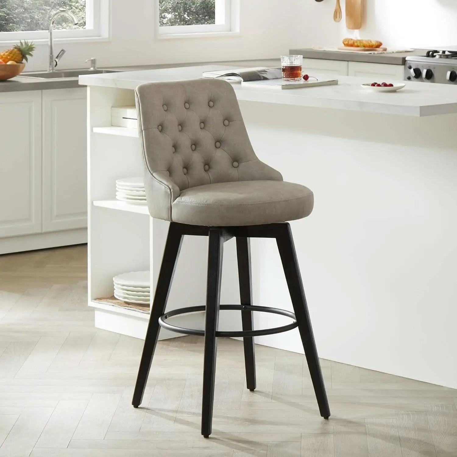 Bar Stool 30 Inch Stone Grey Upholstered 360 Degree Swivel from PriceLows™