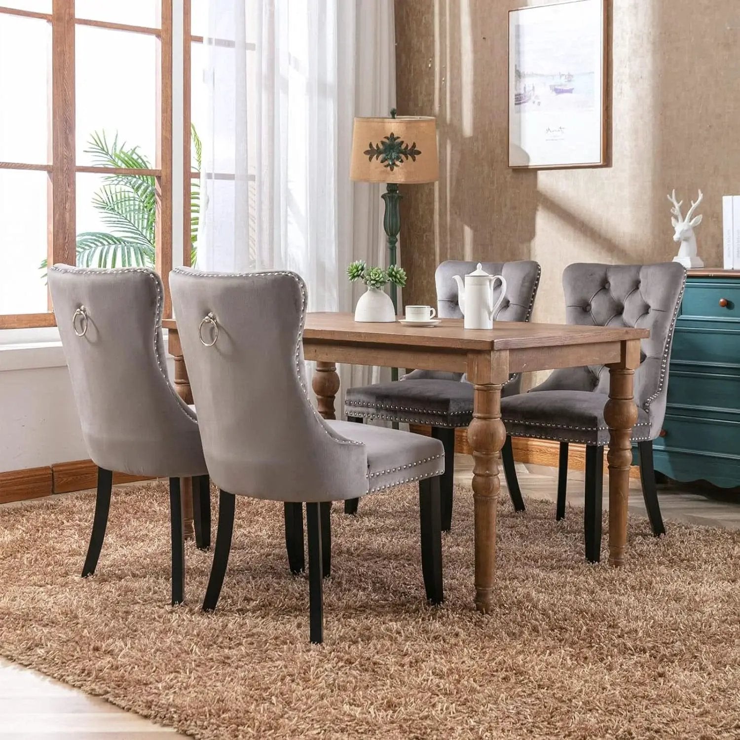 Grey Velvet Tufted Dining Chairs 4 Pack With Nailhead Trim from PriceLows™