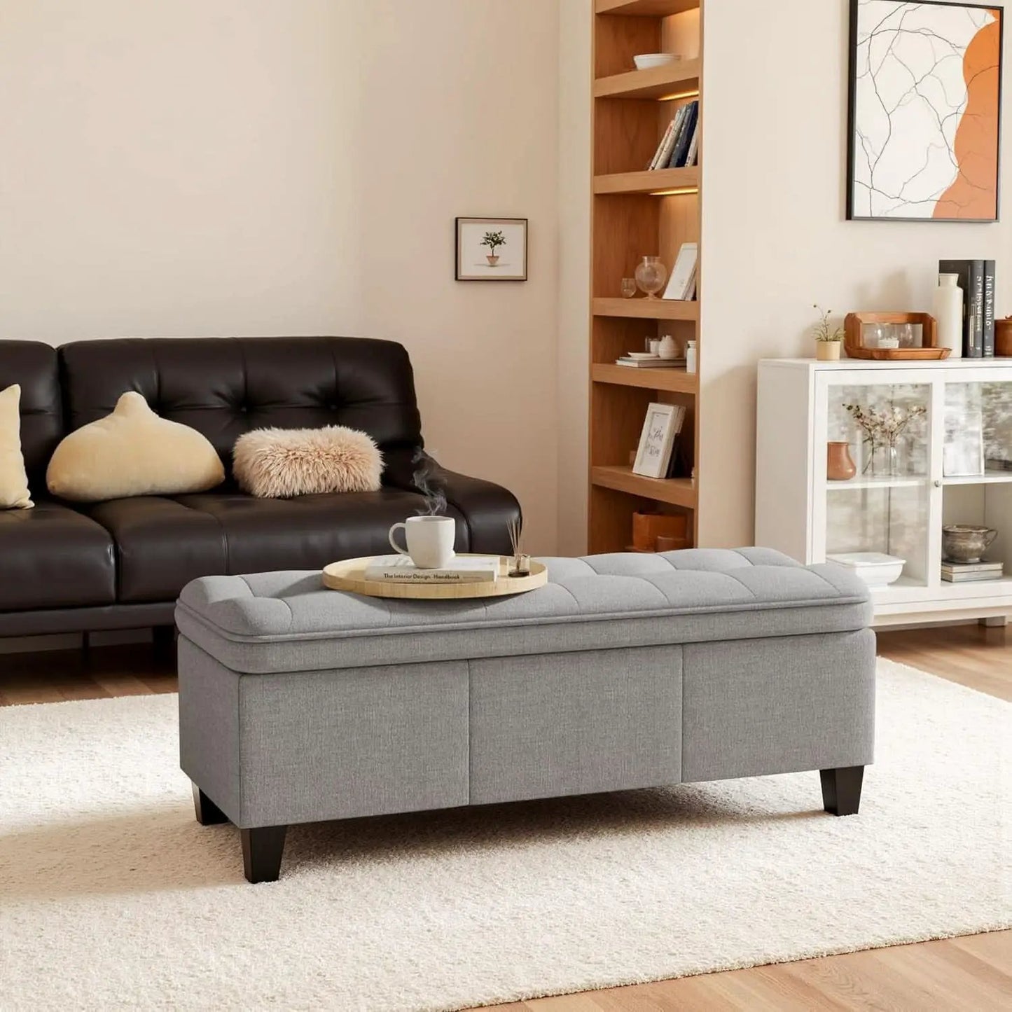 Forty Seven Inch Storage Ottoman Bench Linen Gray Fabric from PriceLows™