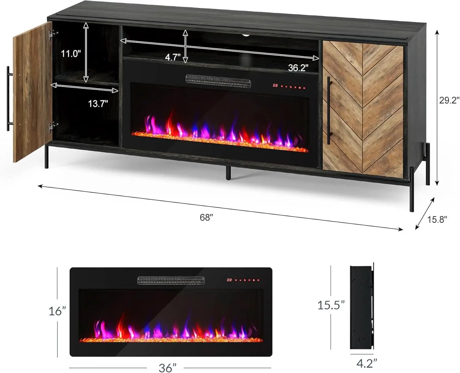68 Inch TV Stand With 36 Inch Electric Fireplace Heater from PriceLows™