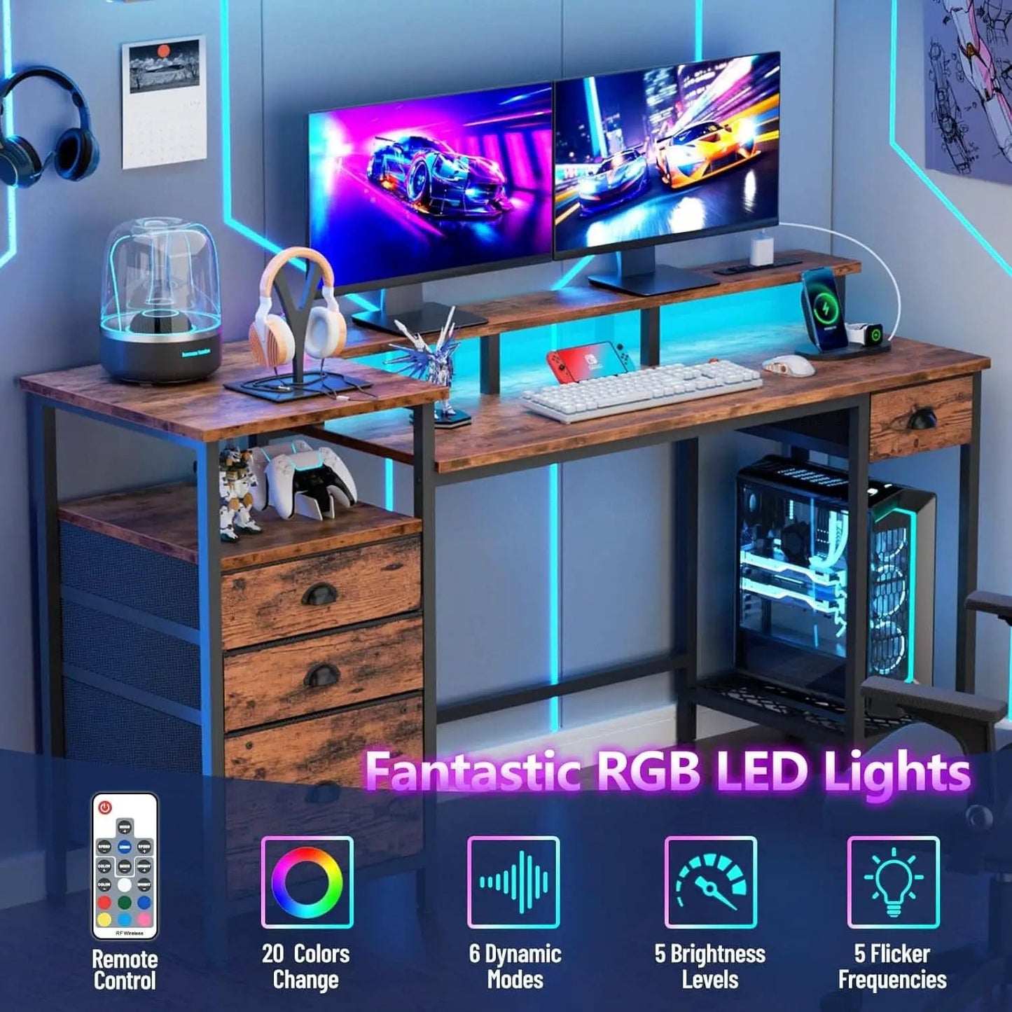 60 Inch Computer Desk With Storage Drawers And LED Lights from PriceLows™