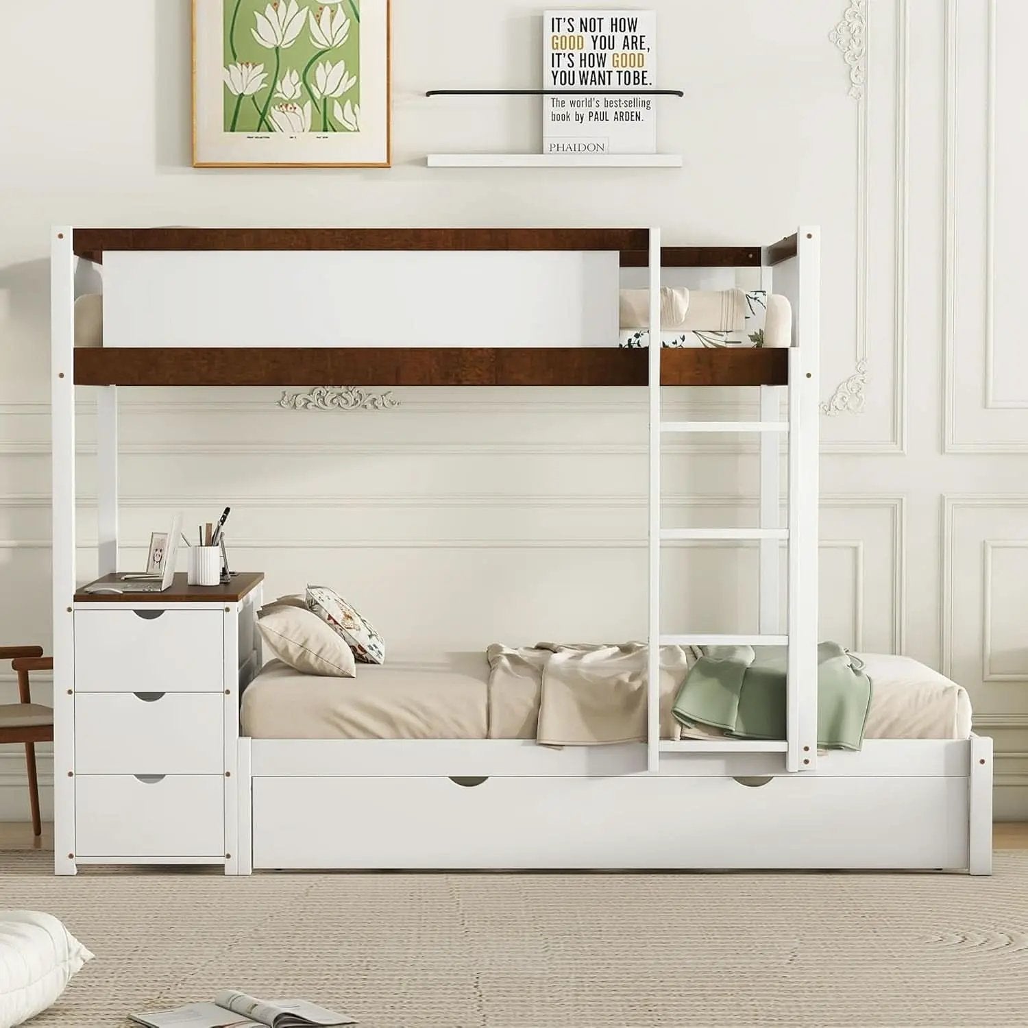 Twin Over Twin Bunk Bed With Desk USB Ports White Walnut from PriceLows™