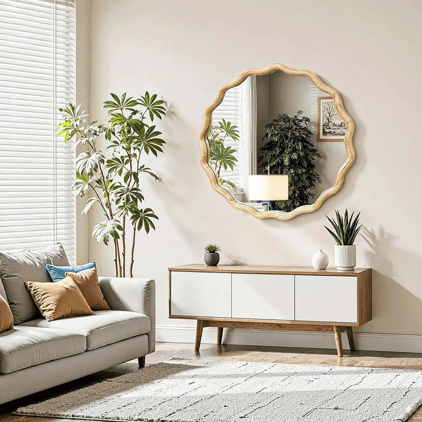 Round Wood Wall Mirror 24 Inch Shatterproof Glass Mounted from PriceLows™