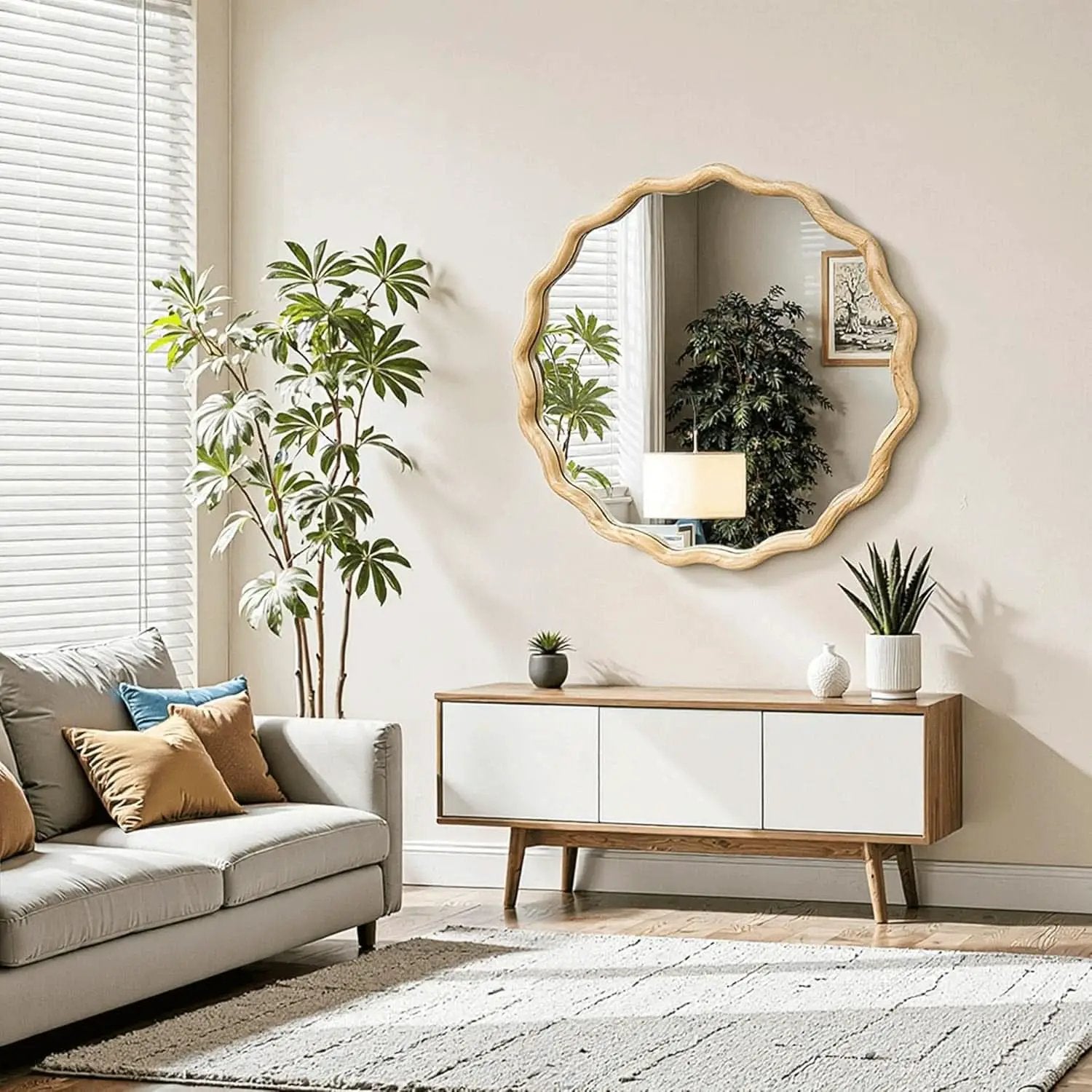 Round Wood Wall Mirror 24 Inch Shatterproof Glass Mounted from PriceLows™